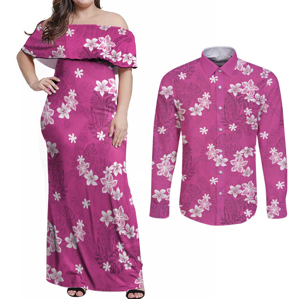Hawaii Monstera Deliciosa Couples Matching Off Shoulder Maxi Dress and Long Sleeve Button Shirt Pink Plumeria Polynesian Pattern - Polynesian Pride