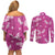 Hawaii Monstera Deliciosa Couples Matching Off Shoulder Short Dress and Long Sleeve Button Shirt Pink Plumeria Polynesian Pattern - Polynesian Pride
