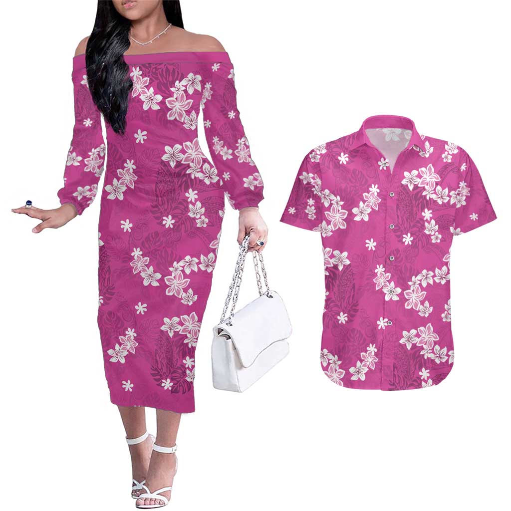 Hawaii Monstera Deliciosa Couples Matching Off The Shoulder Long Sleeve Dress and Hawaiian Shirt Pink Plumeria Polynesian Pattern - Polynesian Pride