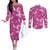 Hawaii Monstera Deliciosa Couples Matching Off The Shoulder Long Sleeve Dress and Long Sleeve Button Shirt Pink Plumeria Polynesian Pattern - Polynesian Pride
