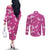 Hawaii Monstera Deliciosa Couples Matching Off The Shoulder Long Sleeve Dress and Long Sleeve Button Shirt Pink Plumeria Polynesian Pattern - Polynesian Pride