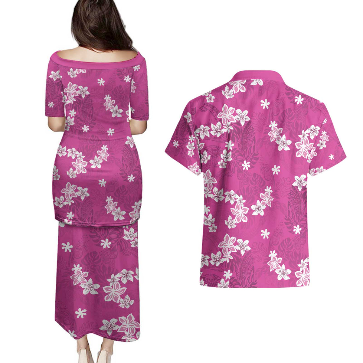 Hawaii Monstera Deliciosa Couples Matching Puletasi and Hawaiian Shirt Pink Plumeria Polynesian Pattern LT05 - Polynesian Pride