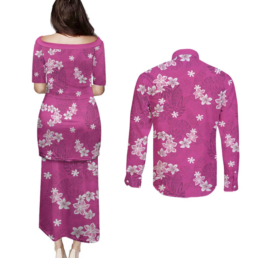 Hawaii Monstera Deliciosa Couples Matching Puletasi and Long Sleeve Button Shirt Pink Plumeria Polynesian Pattern - Polynesian Pride