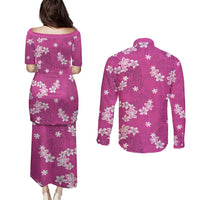 Hawaii Monstera Deliciosa Couples Matching Puletasi and Long Sleeve Button Shirt Pink Plumeria Polynesian Pattern - Polynesian Pride