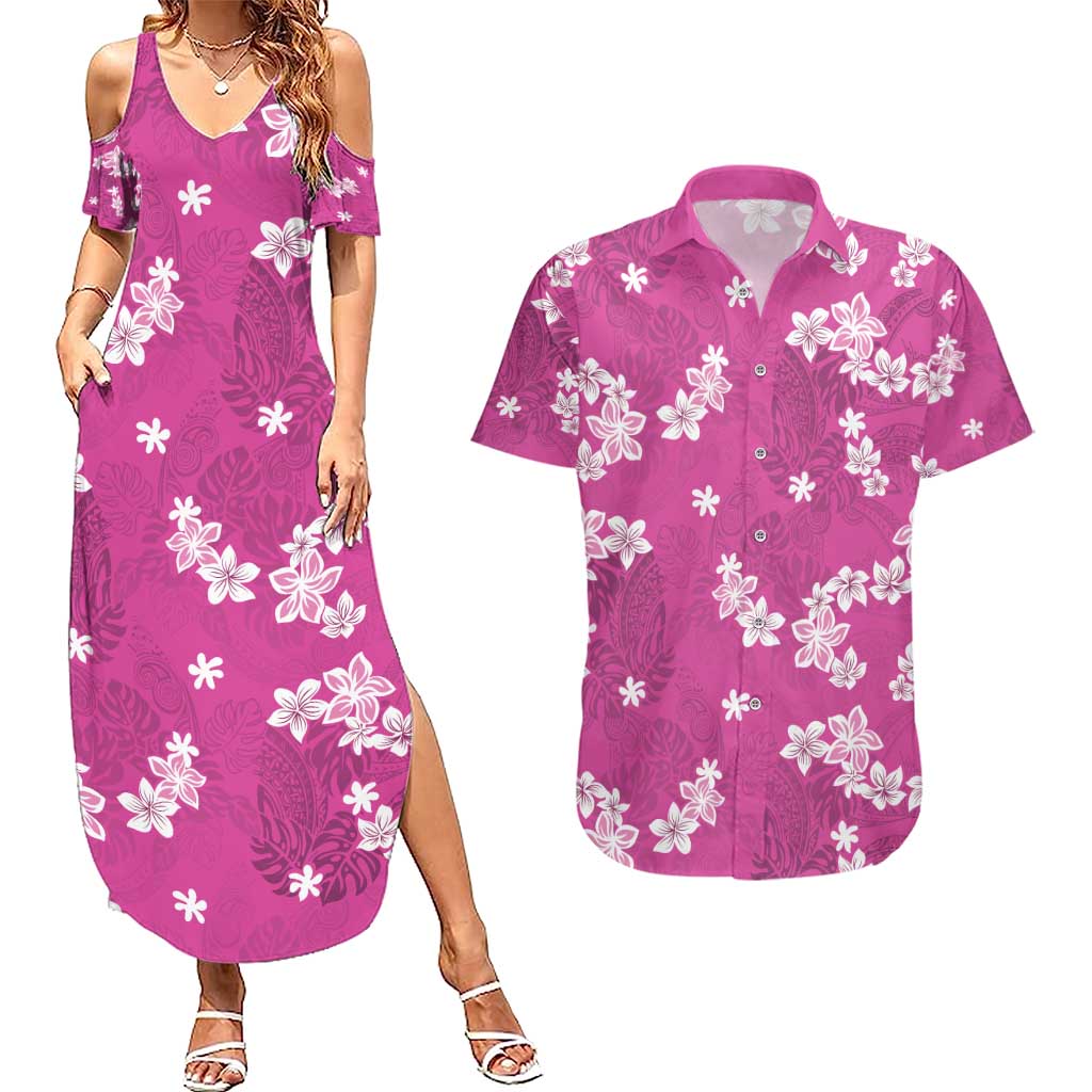 Hawaii Monstera Deliciosa Couples Matching Summer Maxi Dress and Hawaiian Shirt Pink Plumeria Polynesian Pattern - Polynesian Pride