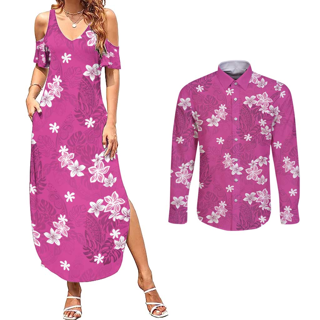 Hawaii Monstera Deliciosa Couples Matching Summer Maxi Dress and Long Sleeve Button Shirt Pink Plumeria Polynesian Pattern - Polynesian Pride