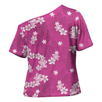 Hawaii Monstera Deliciosa Cross Shoulder Shirt Pink Plumeria Polynesian Pattern - Polynesian Pride