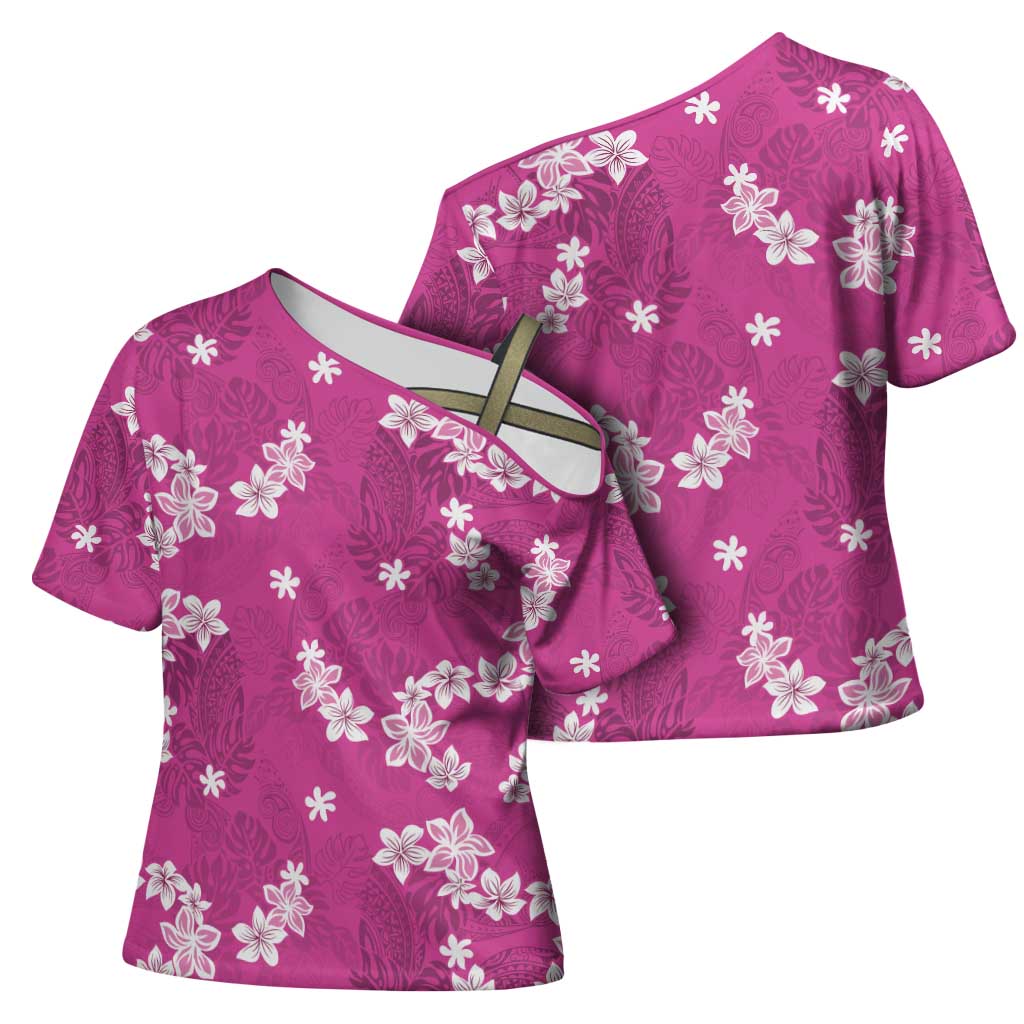Hawaii Monstera Deliciosa Cross Shoulder Shirt Pink Plumeria Polynesian Pattern - Polynesian Pride