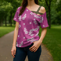 Hawaii Monstera Deliciosa Cross Shoulder Shirt Pink Plumeria Polynesian Pattern - Polynesian Pride