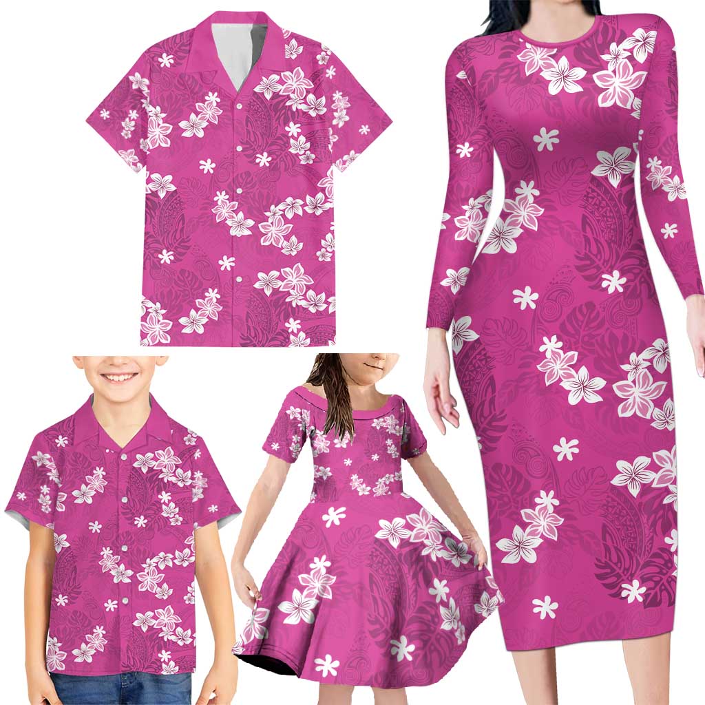 Hawaii Monstera Deliciosa Family Matching Long Sleeve Bodycon Dress and Hawaiian Shirt Pink Plumeria Polynesian Pattern - Polynesian Pride