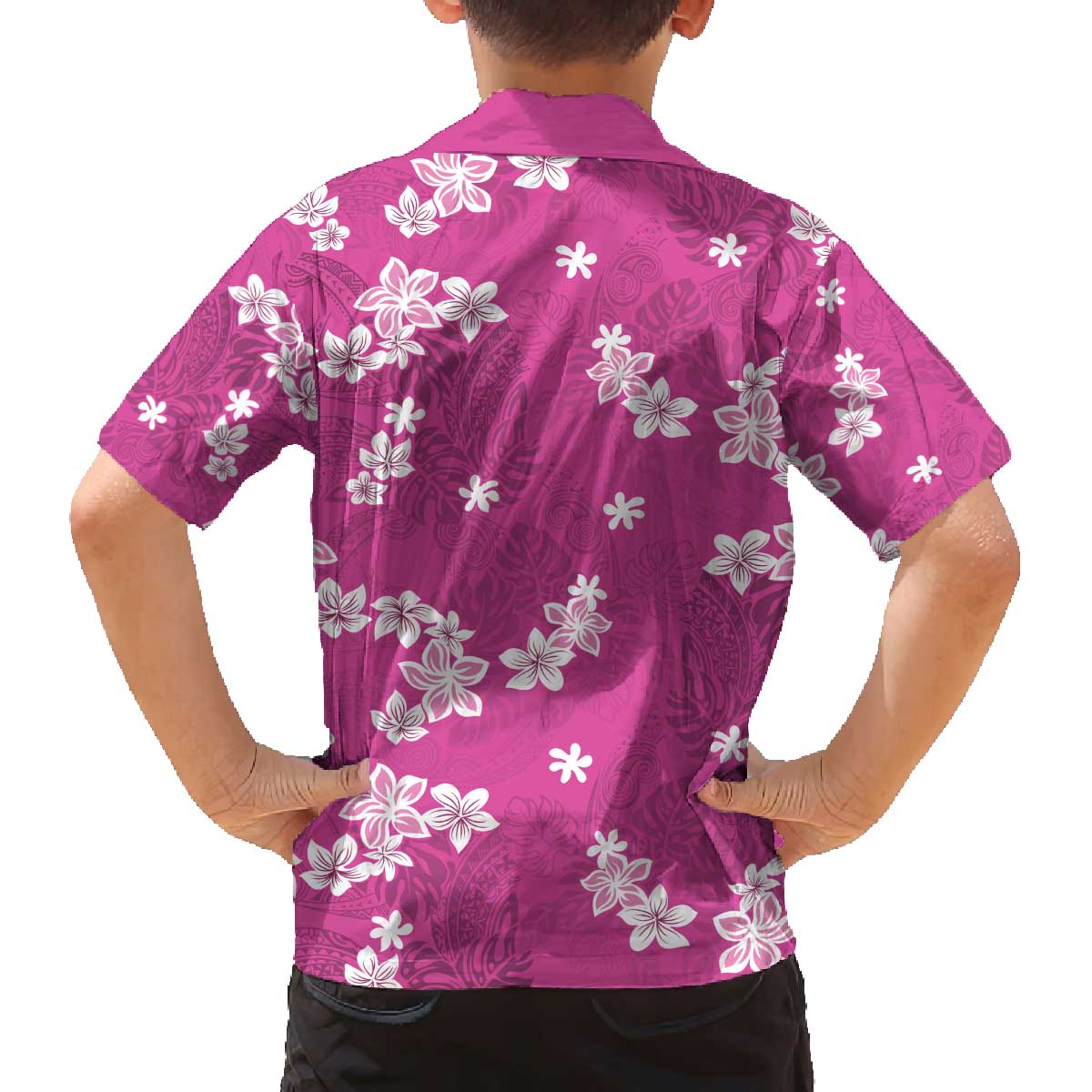 Hawaii Monstera Deliciosa Family Matching Off The Shoulder Long Sleeve Dress and Hawaiian Shirt Pink Plumeria Polynesian Pattern - Polynesian Pride