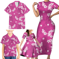 Hawaii Monstera Deliciosa Family Matching Short Sleeve Bodycon Dress and Hawaiian Shirt Pink Plumeria Polynesian Pattern - Polynesian Pride
