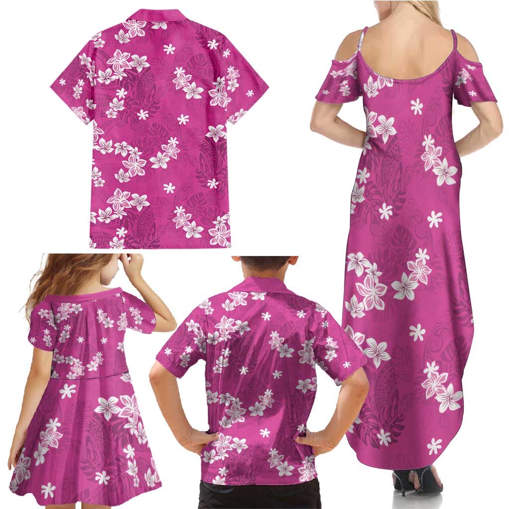 Hawaii Monstera Deliciosa Family Matching Summer Maxi Dress and Hawaiian Shirt Pink Plumeria Polynesian Pattern - Polynesian Pride