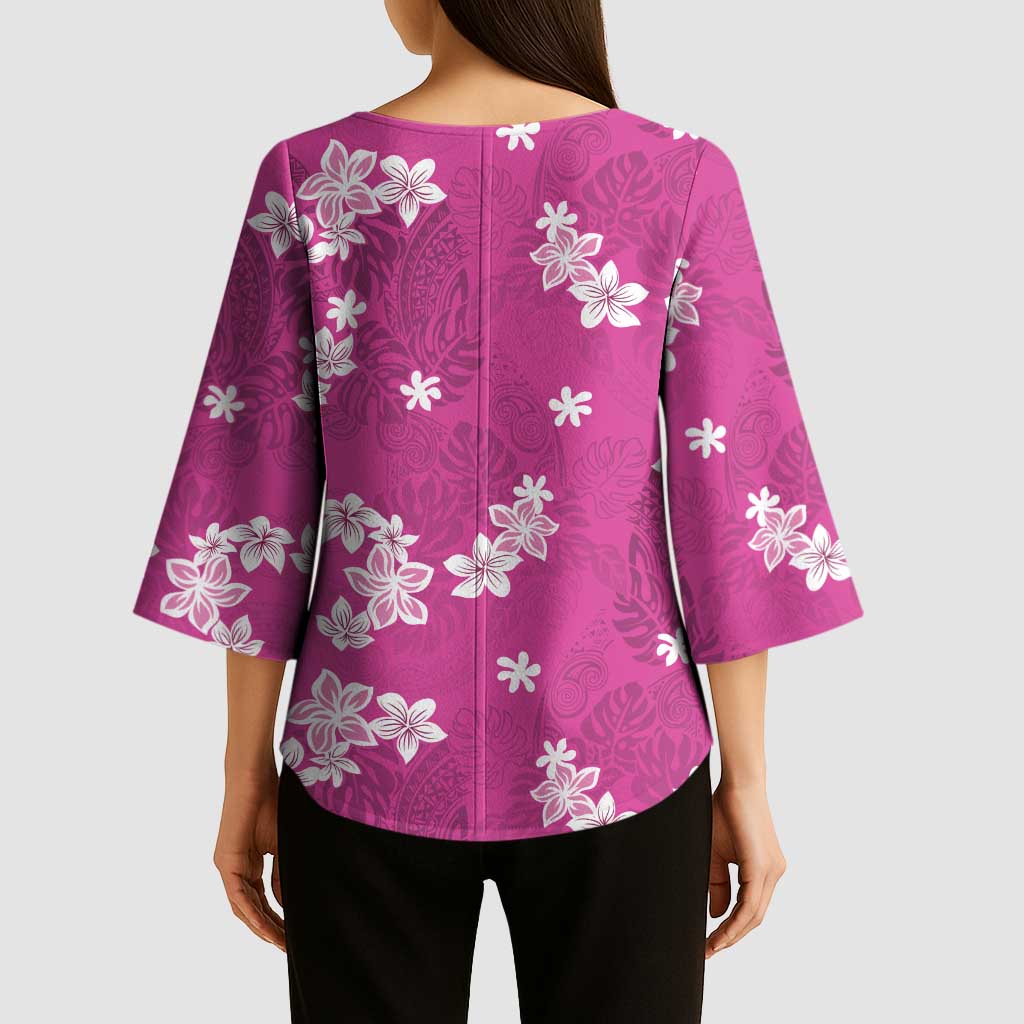Hawaii Monstera Deliciosa Kimono Sleeve Blouse Pink Plumeria Polynesian Pattern - Polynesian Pride