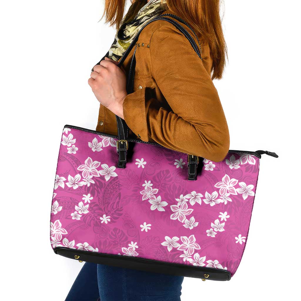 Hawaii Monstera Deliciosa Leather Tote Bag Pink Plumeria Polynesian Pattern - Polynesian Pride
