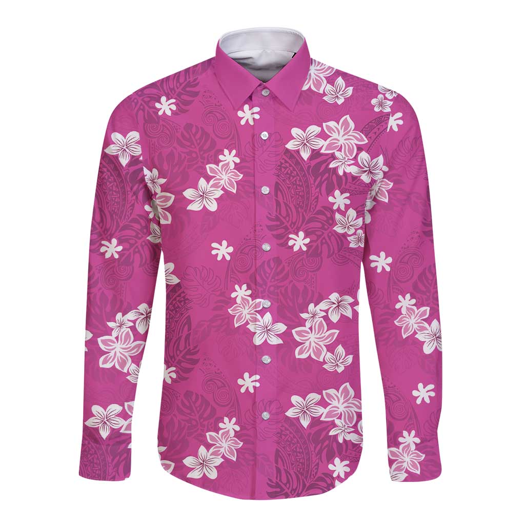 Hawaii Monstera Deliciosa Long Sleeve Button Shirt Pink Plumeria Polynesian Pattern - Polynesian Pride