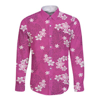 Hawaii Monstera Deliciosa Long Sleeve Button Shirt Pink Plumeria Polynesian Pattern - Polynesian Pride