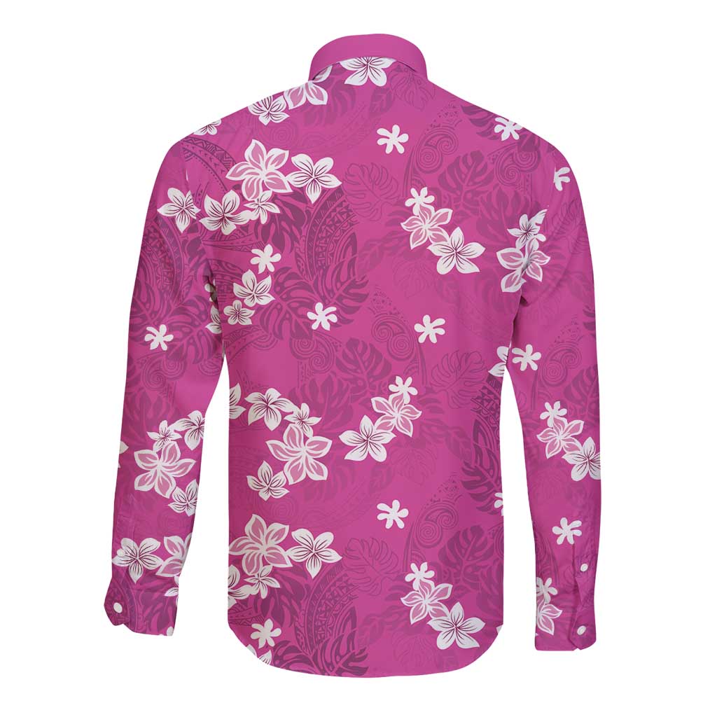 Hawaii Monstera Deliciosa Long Sleeve Button Shirt Pink Plumeria Polynesian Pattern - Polynesian Pride