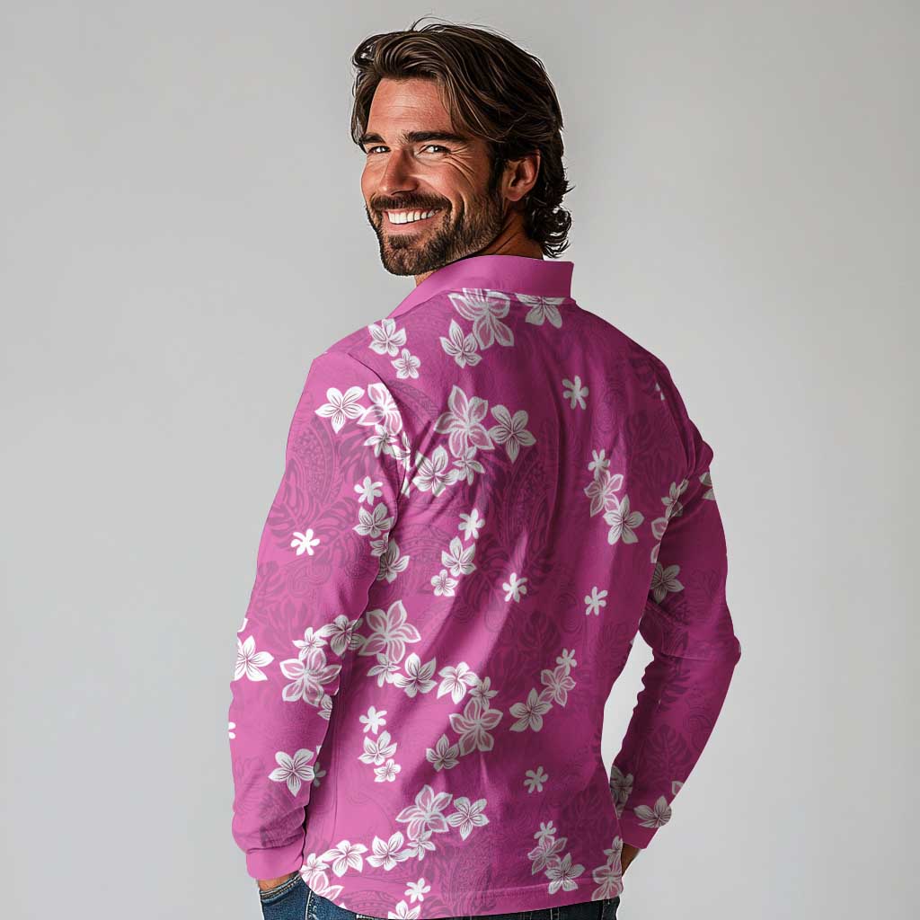 Hawaii Monstera Deliciosa Long Sleeve Polo Shirt Pink Plumeria Polynesian Pattern - Polynesian Pride