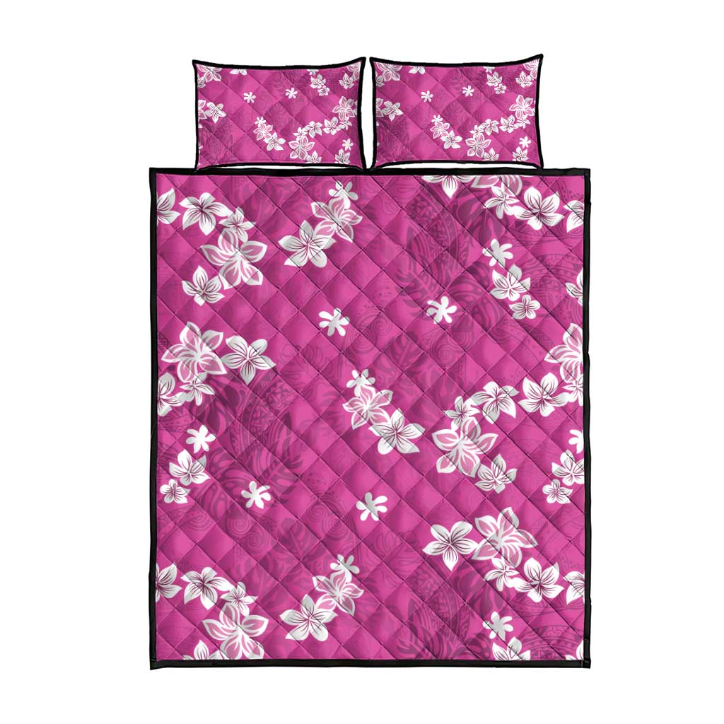 Hawaii Monstera Deliciosa Quilt Bed Set Pink Plumeria Polynesian Pattern - Polynesian Pride