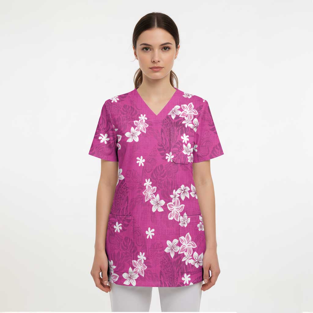 Hawaii Monstera Deliciosa Scrub Top Pink Plumeria Polynesian Pattern - Polynesian Pride