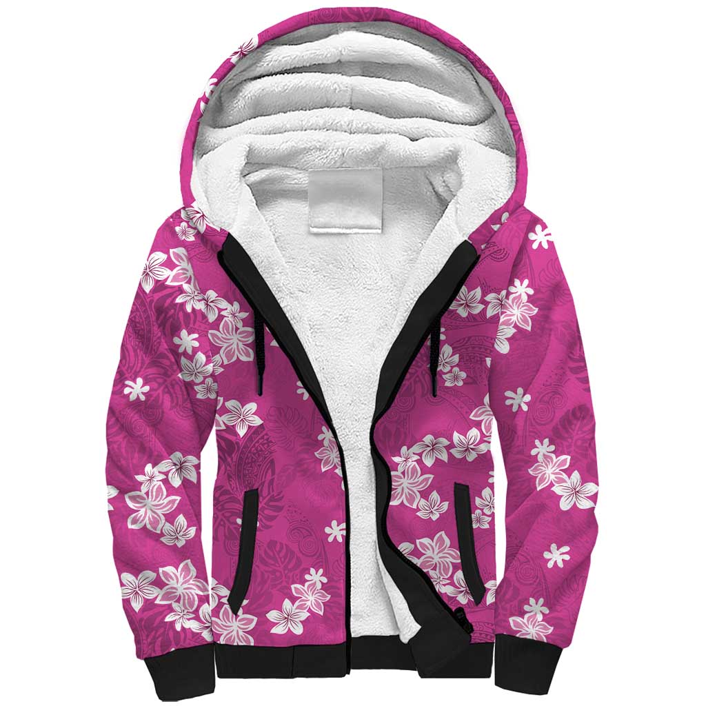 Hawaii Monstera Deliciosa Sherpa Hoodie Pink Plumeria Polynesian Pattern LT05 Unisex Pink - Polynesian Pride