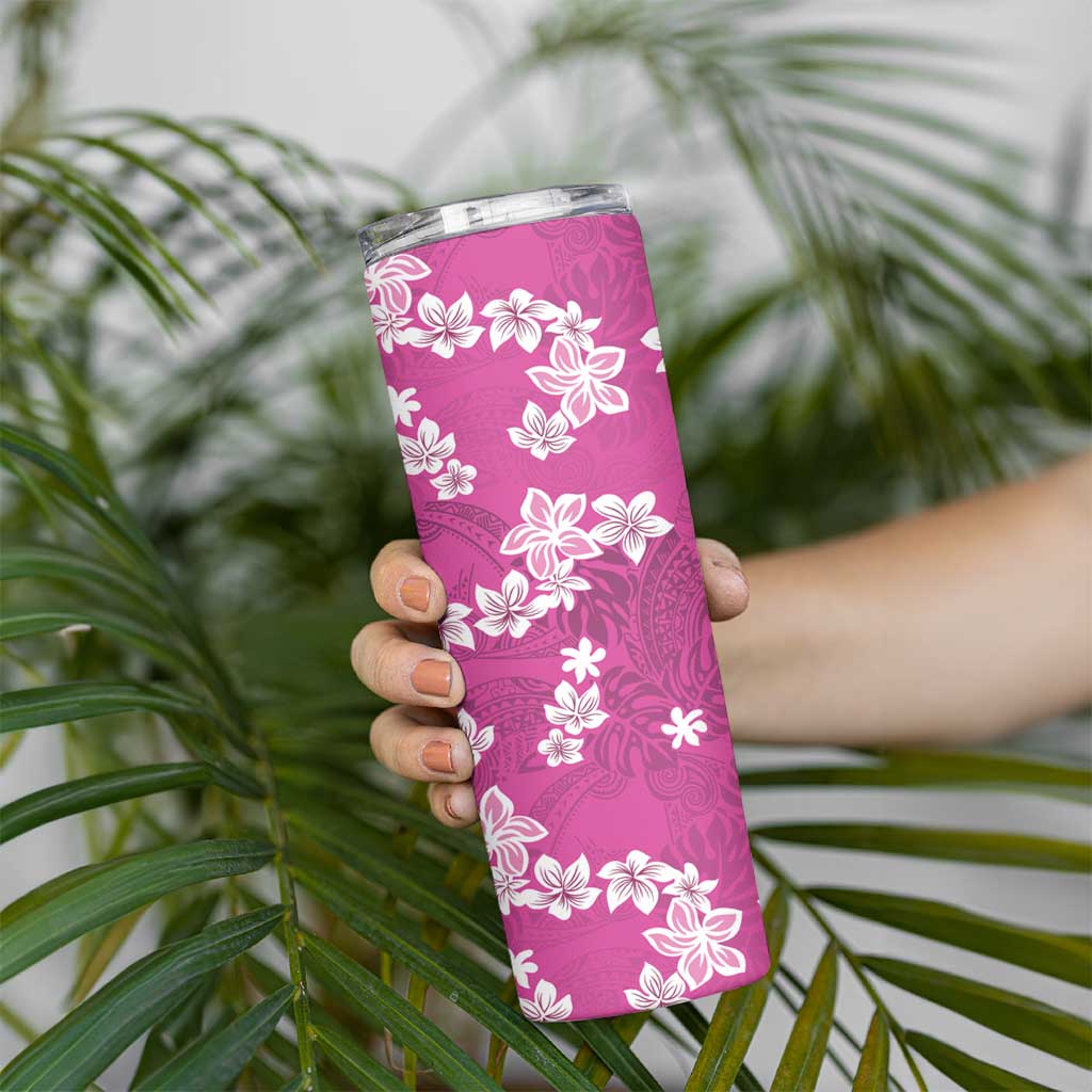 Hawaii Monstera Deliciosa Skinny Tumbler Pink Plumeria Polynesian Pattern - Polynesian Pride