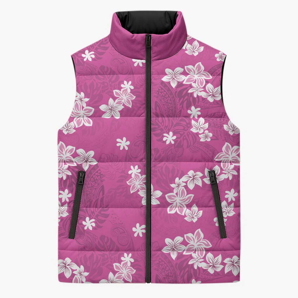 Hawaii Monstera Deliciosa Sleeveless Puffer Jacket Pink Plumeria Polynesian Pattern LT05 Unisex Pink - Polynesian Pride