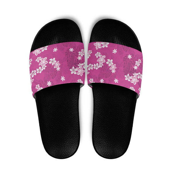 monstera sandals Hawaii Monstera Deliciosa Slide Sandals Pink Plumeria Polynesian Pattern