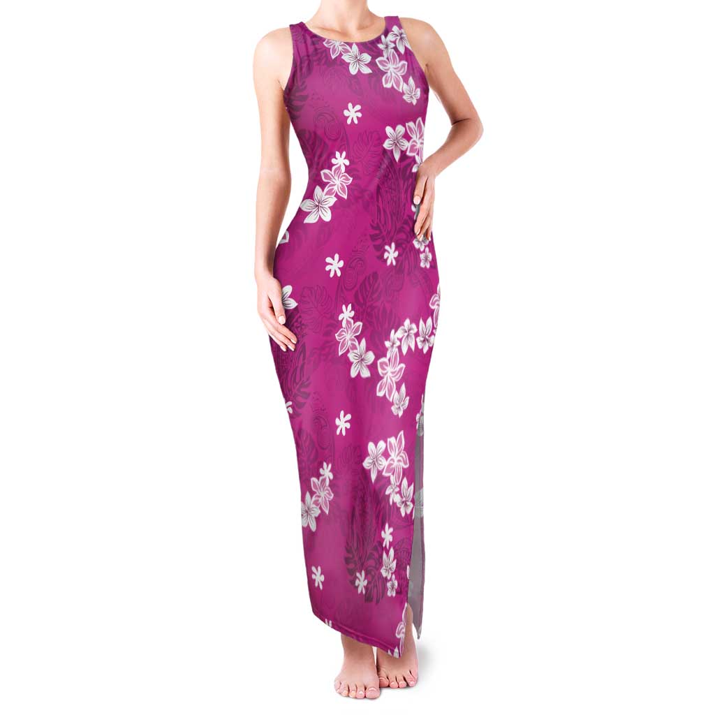 Hawaii Monstera Deliciosa Tank Maxi Dress Pink Plumeria Polynesian Pattern - Polynesian Pride