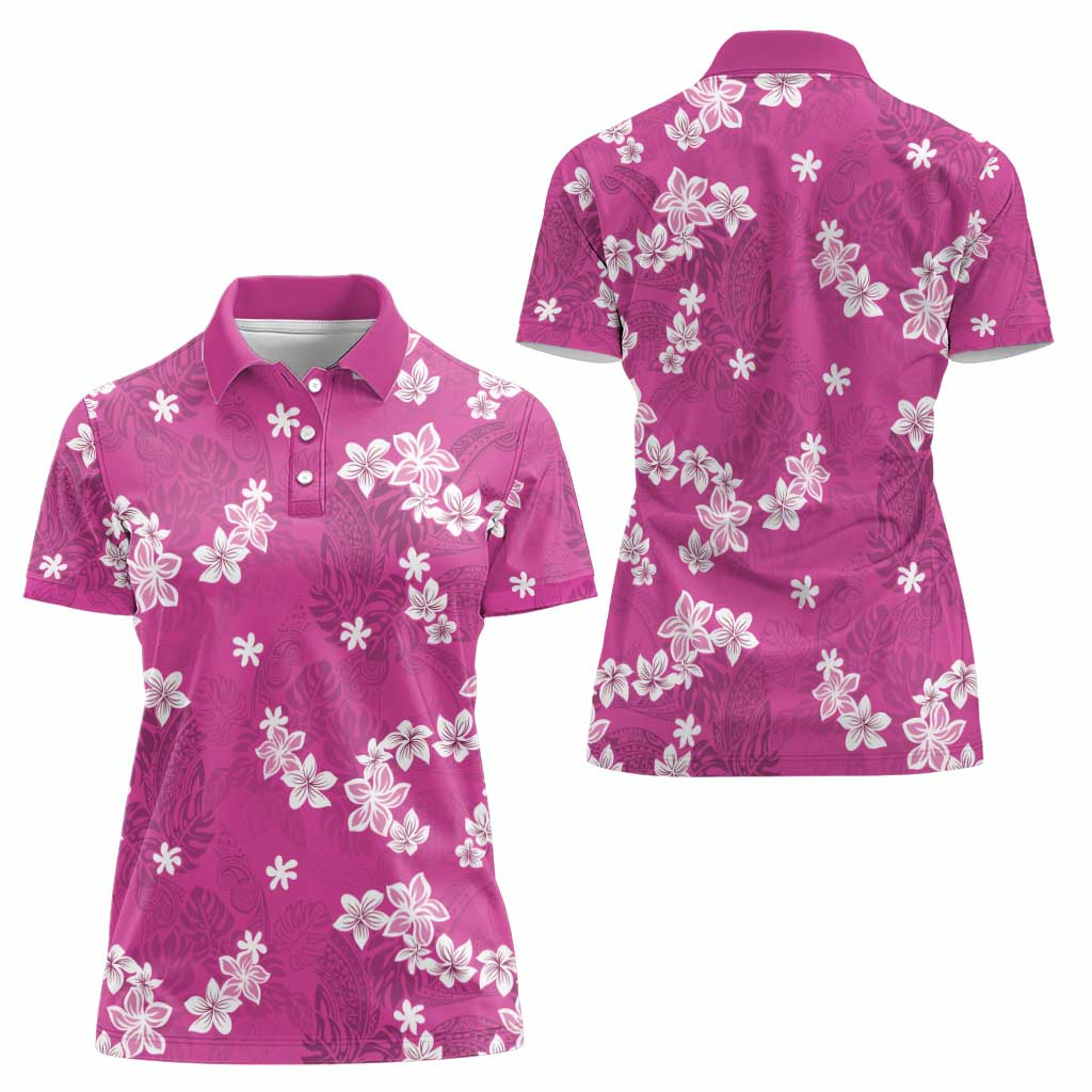 Hawaii Monstera Deliciosa Women Polo Shirt Pink Plumeria Polynesian Pattern - Polynesian Pride