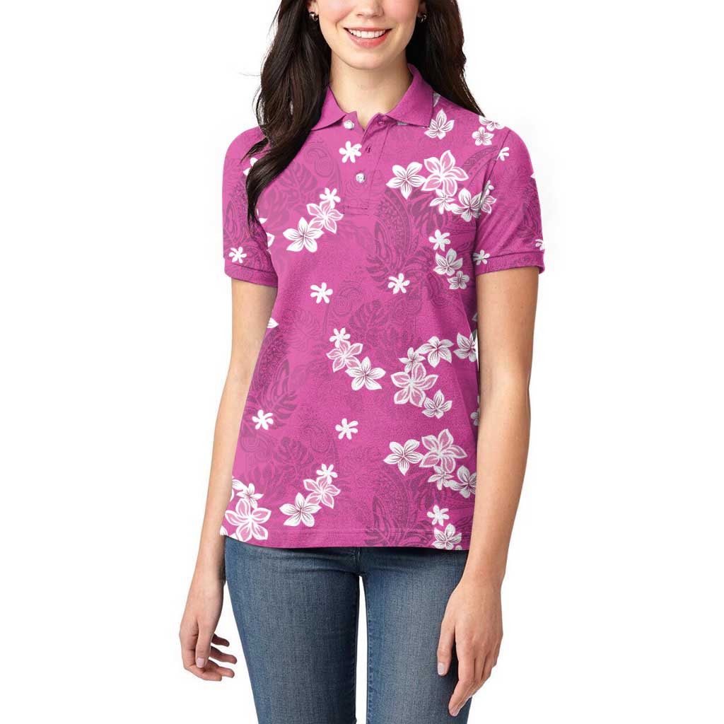 Hawaii Monstera Deliciosa Women Polo Shirt Pink Plumeria Polynesian Pattern - Polynesian Pride