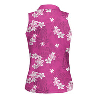 Hawaii Monstera Deliciosa Women Sleeveless Polo Shirt Pink Plumeria Polynesian Pattern - Polynesian Pride