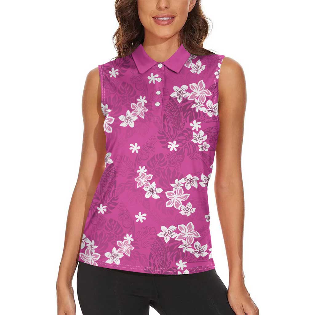 Hawaii Monstera Deliciosa Women Sleeveless Polo Shirt Pink Plumeria Polynesian Pattern - Polynesian Pride
