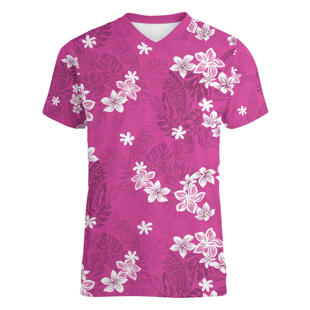 Hawaii Monstera Deliciosa Women V-Neck T-Shirt Pink Plumeria Polynesian Pattern LT05 Female Pink - Polynesian Pride