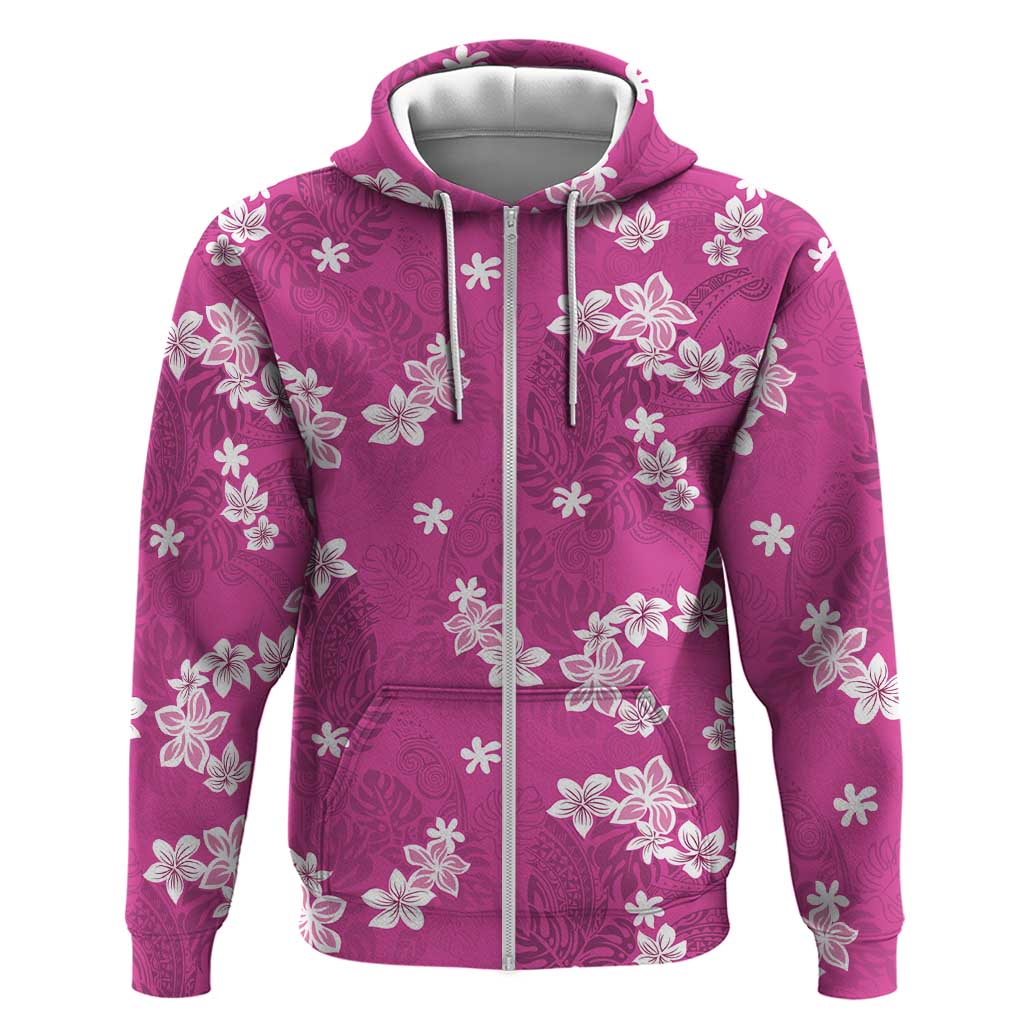 Hawaii Monstera Deliciosa Zip Hoodie Pink Plumeria Polynesian Pattern - Polynesian Pride