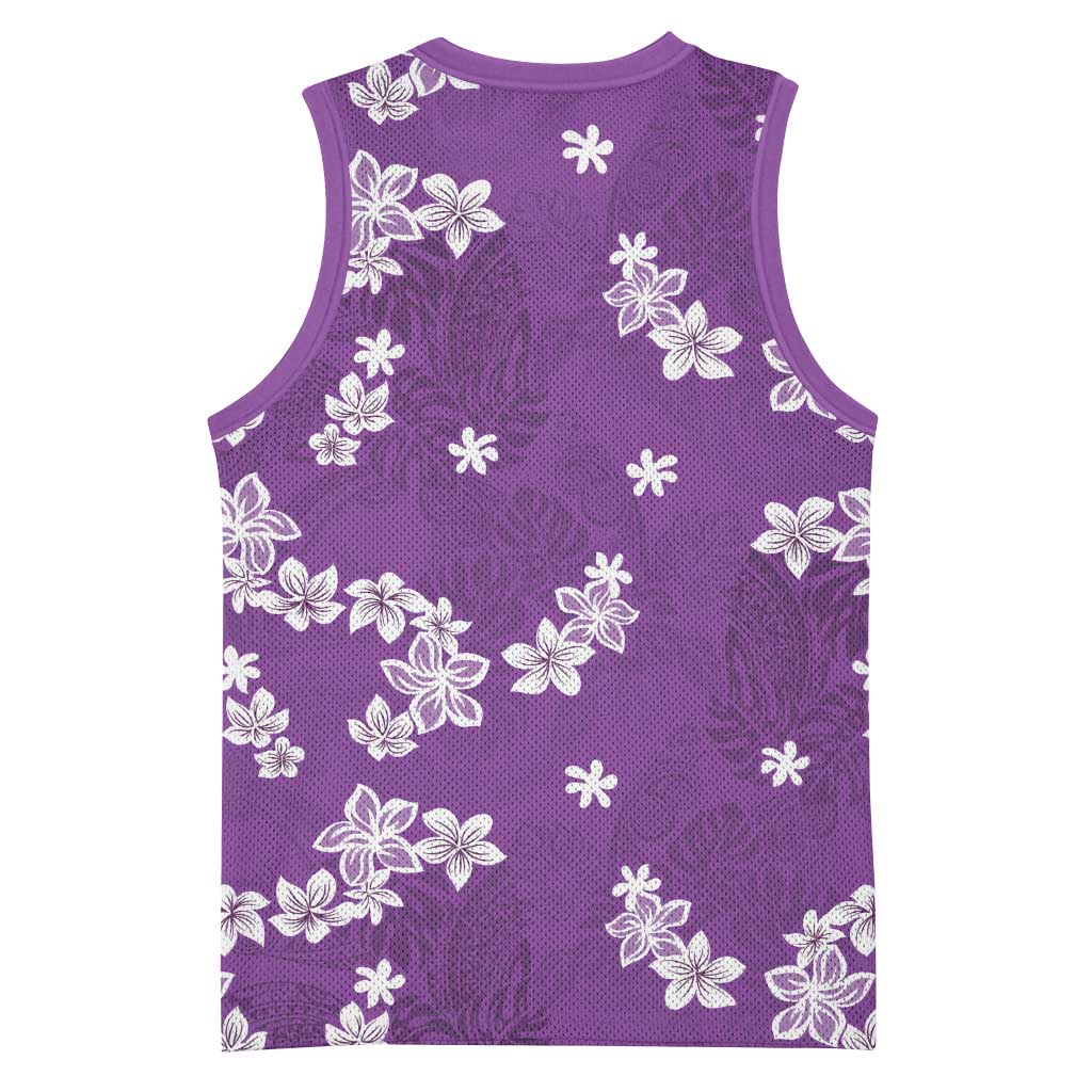Hawaii Monstera Deliciosa Basketball Jersey Purple Plumeria Polynesian Pattern - Polynesian Pride