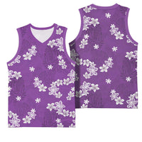 Hawaii Monstera Deliciosa Basketball Jersey Purple Plumeria Polynesian Pattern - Polynesian Pride