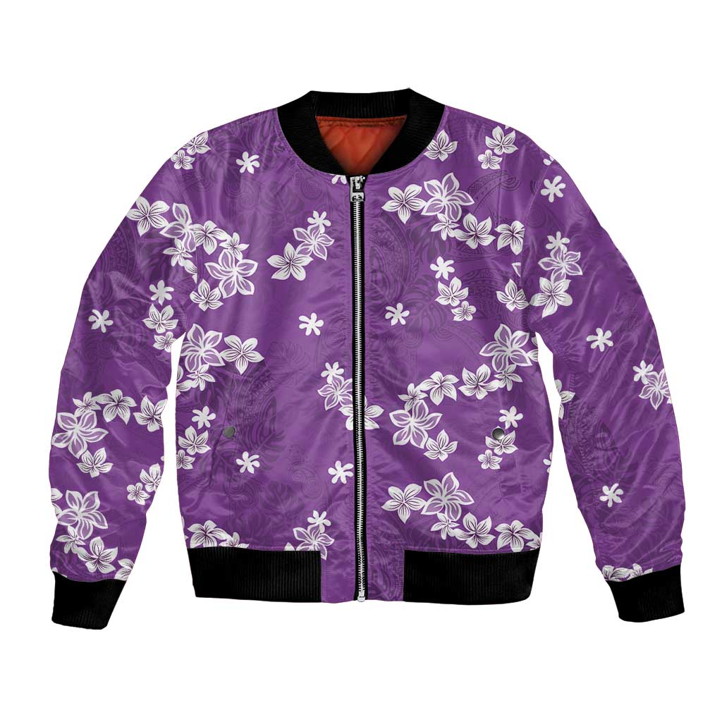 Hawaii Monstera Deliciosa Bomber Jacket Purple Plumeria Polynesian Pattern - Polynesian Pride