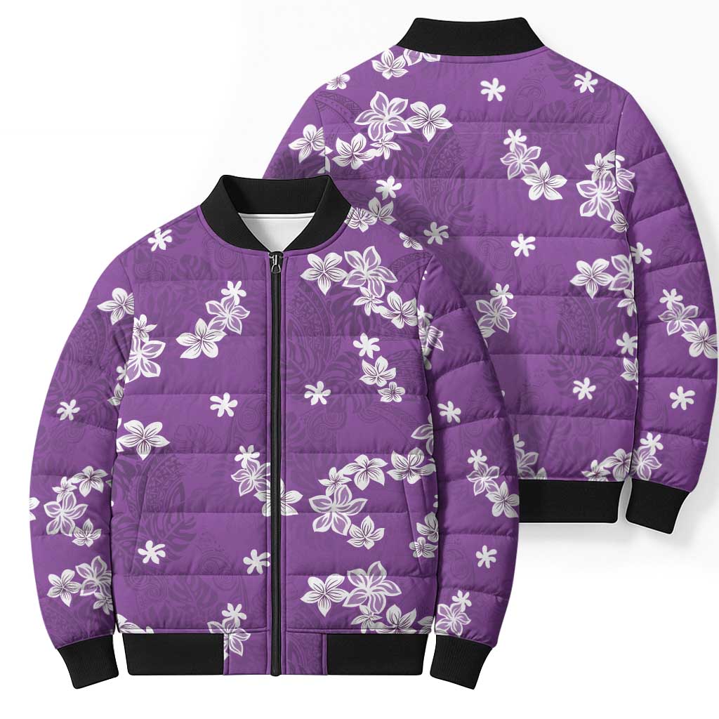 Hawaii Monstera Deliciosa Bomber Puffer Jacket Purple Plumeria Polynesian Pattern - Polynesian Pride