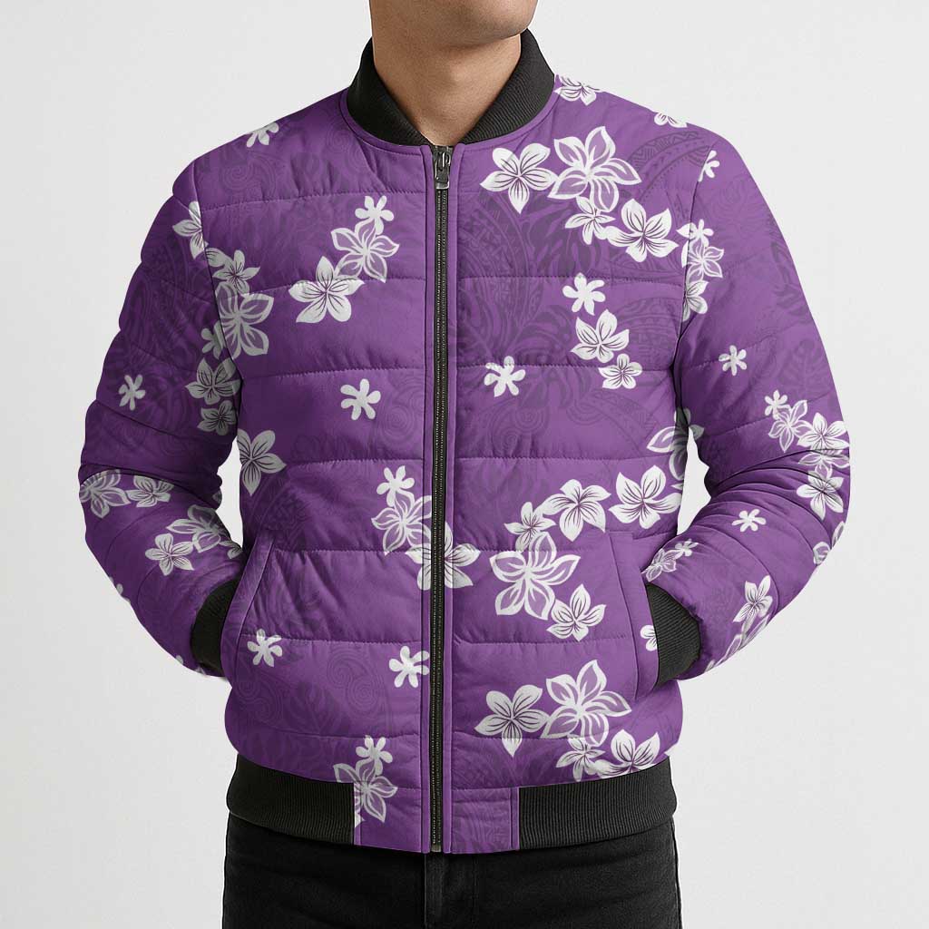 Hawaii Monstera Deliciosa Bomber Puffer Jacket Purple Plumeria Polynesian Pattern - Polynesian Pride