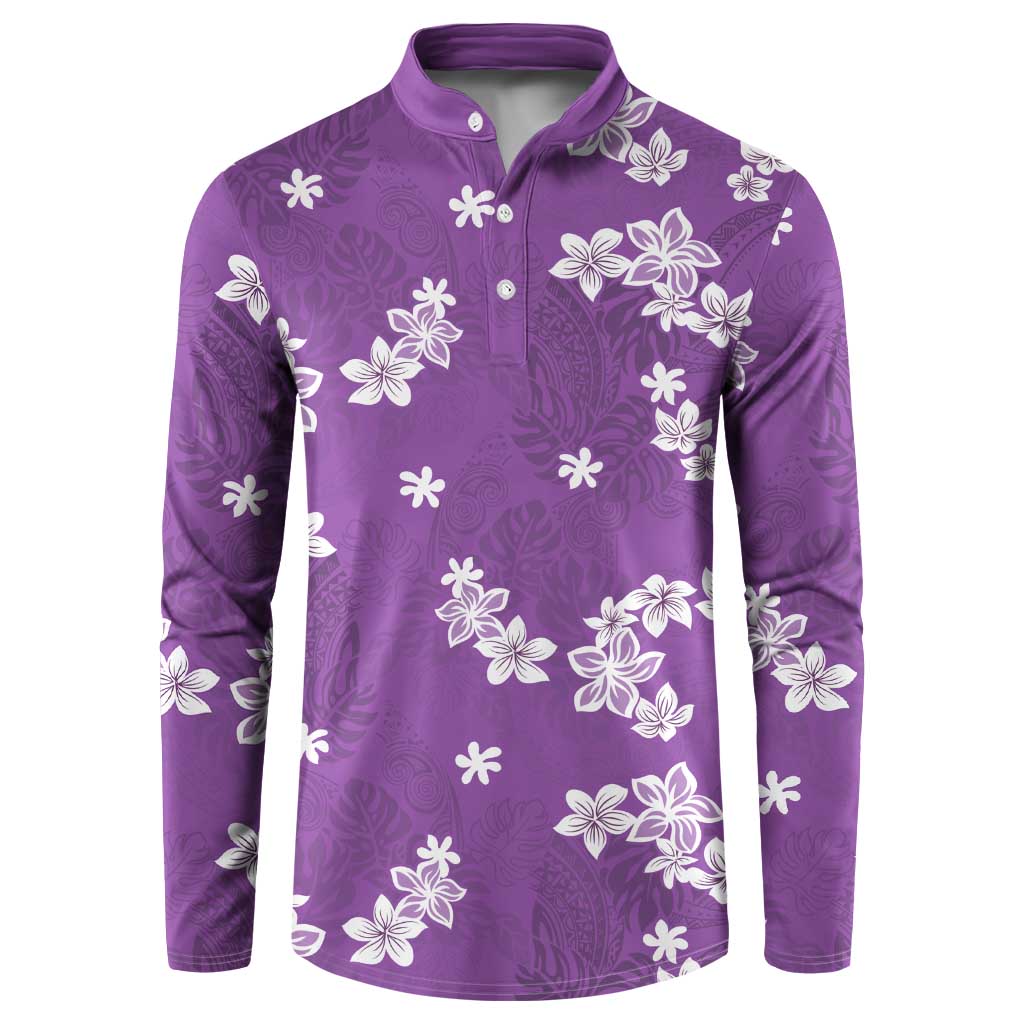 Hawaii Monstera Deliciosa Button Sweatshirt Purple Plumeria Polynesian Pattern - Polynesian Pride