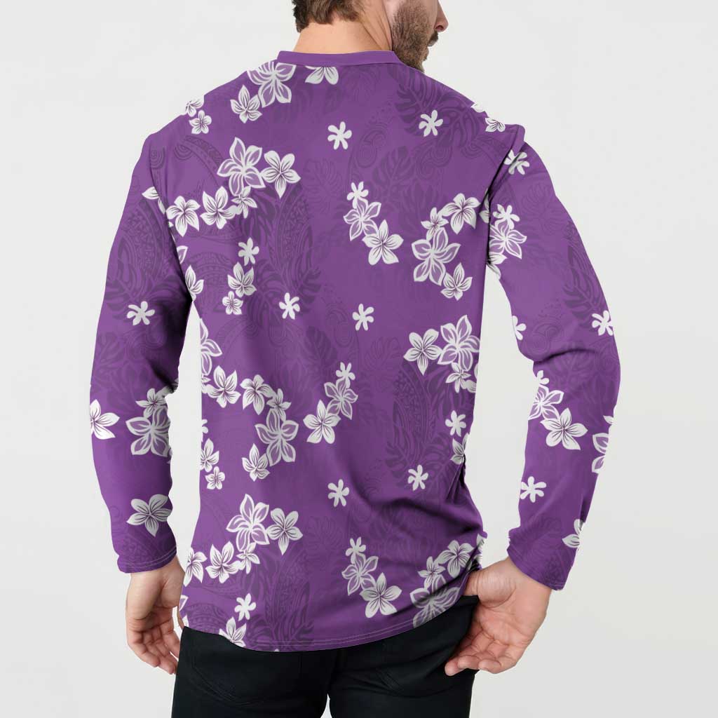 Hawaii Monstera Deliciosa Button Sweatshirt Purple Plumeria Polynesian Pattern - Polynesian Pride