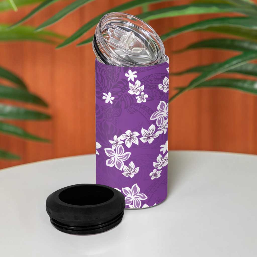 Hawaii Monstera Deliciosa 4 in 1 Can Cooler Tumbler Purple Plumeria Polynesian Pattern - Polynesian Pride