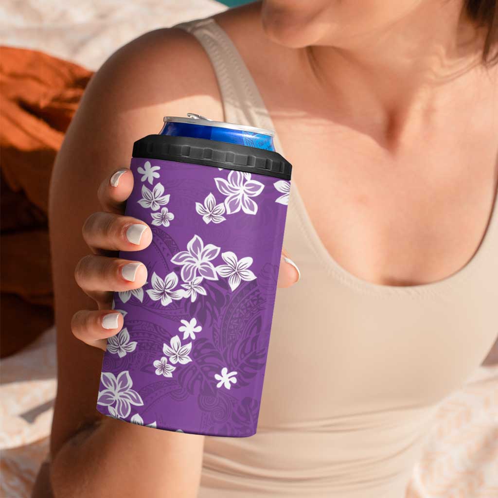 Hawaii Monstera Deliciosa 4 in 1 Can Cooler Tumbler Purple Plumeria Polynesian Pattern - Polynesian Pride