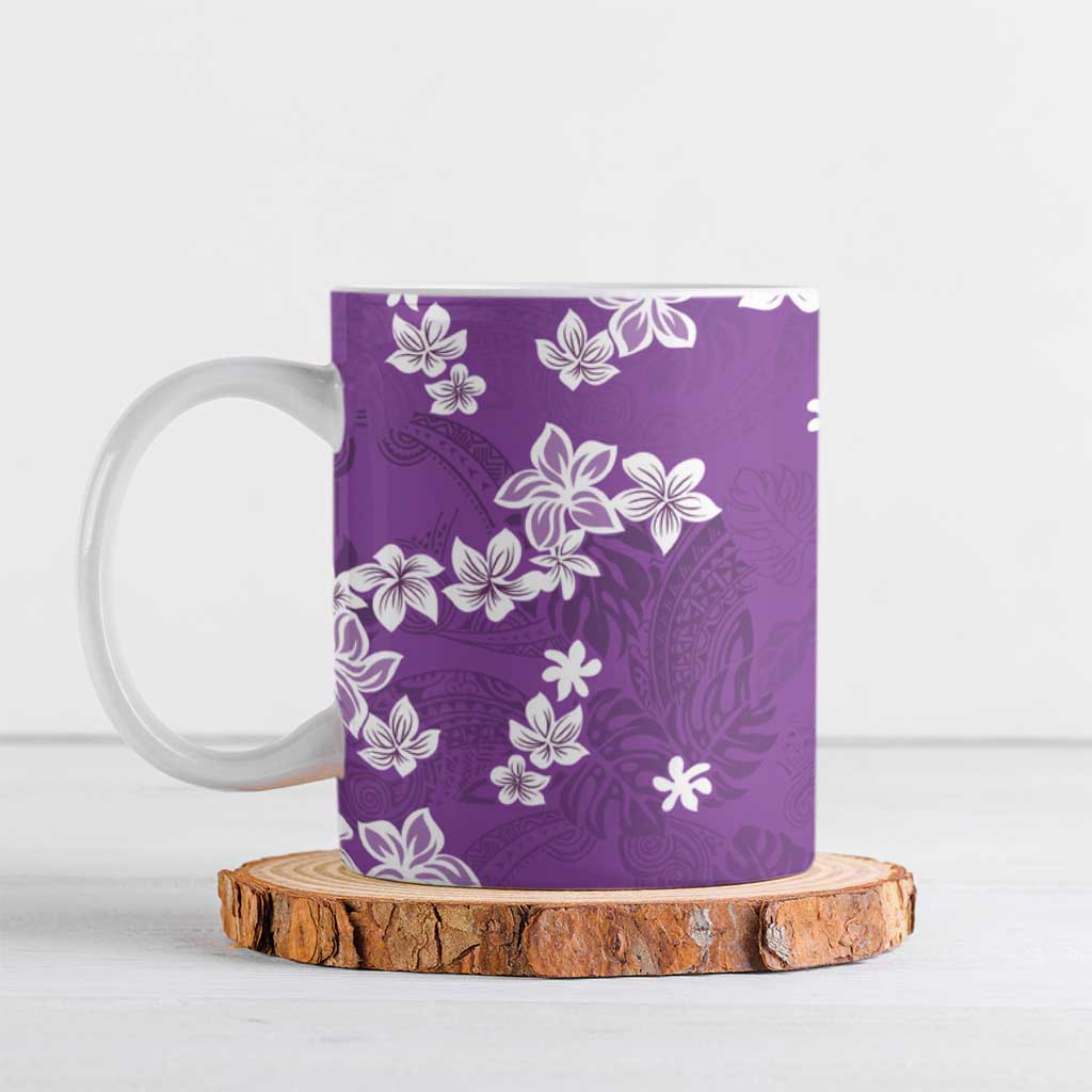 Hawaii Monstera Deliciosa Ceramic Mug Purple Plumeria Polynesian Pattern - Polynesian Pride