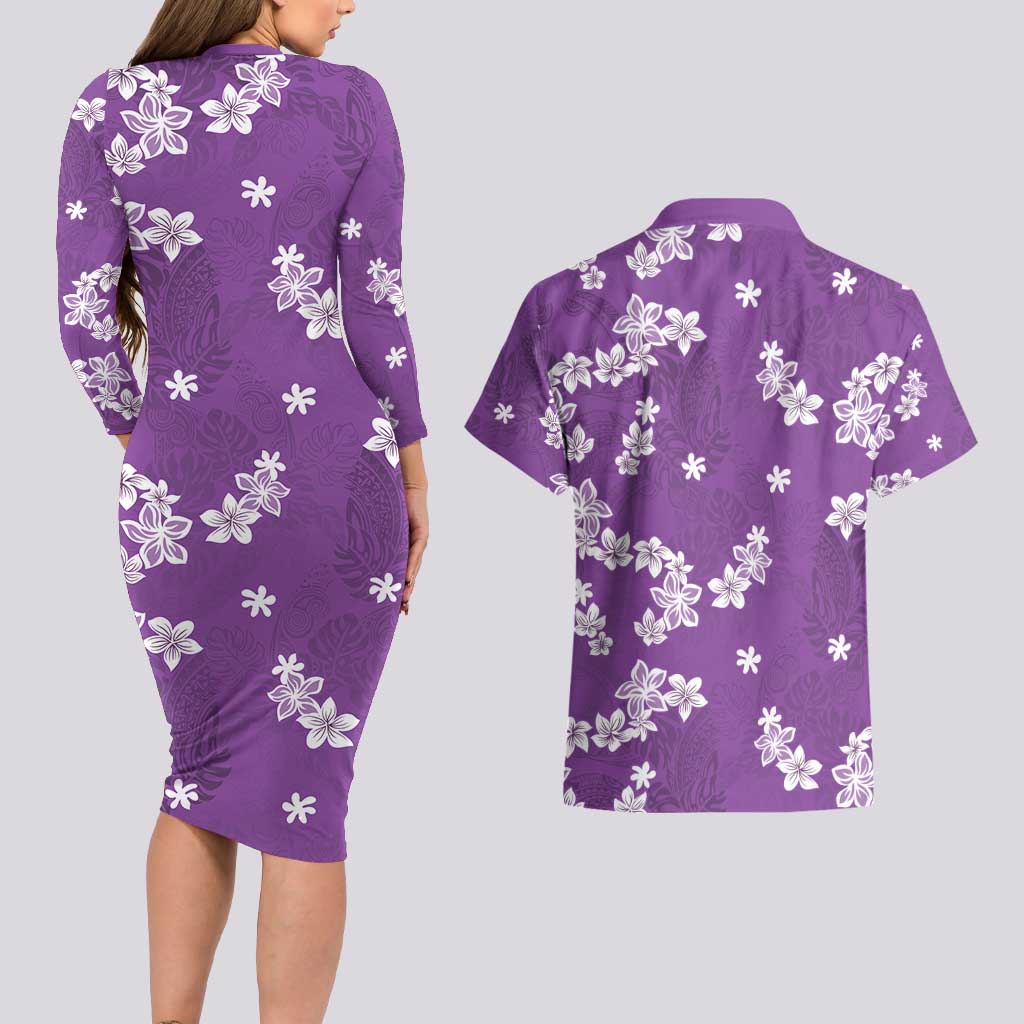 Hawaii Monstera Deliciosa Couples Matching Long Sleeve Bodycon Dress and Hawaiian Shirt Purple Plumeria Polynesian Pattern - Polynesian Pride