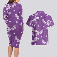 Hawaii Monstera Deliciosa Couples Matching Long Sleeve Bodycon Dress and Hawaiian Shirt Purple Plumeria Polynesian Pattern - Polynesian Pride
