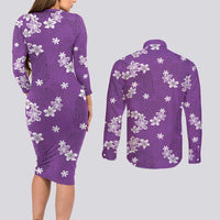 Hawaii Monstera Deliciosa Couples Matching Long Sleeve Bodycon Dress and Long Sleeve Button Shirt Purple Plumeria Polynesian Pattern - Polynesian Pride