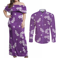 Hawaii Monstera Deliciosa Couples Matching Off Shoulder Maxi Dress and Long Sleeve Button Shirt Purple Plumeria Polynesian Pattern - Polynesian Pride
